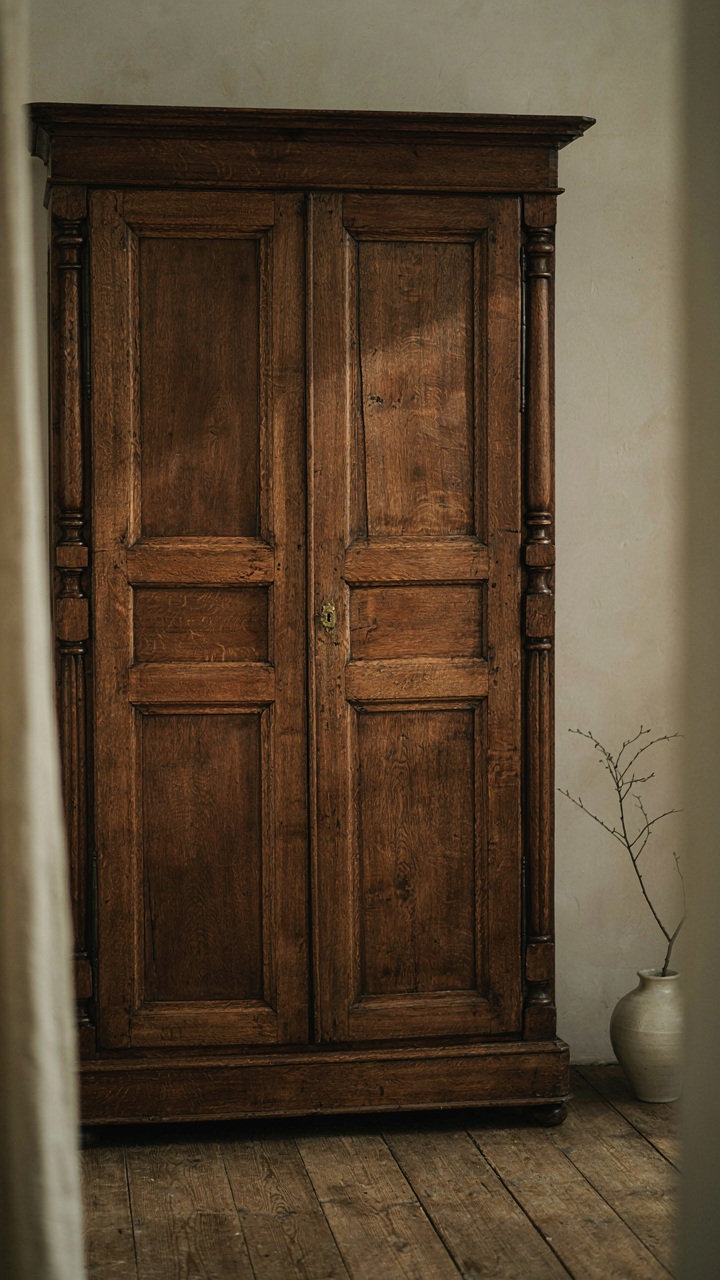 An old, worn wooden armoire with visible tool marks and uneven grain.