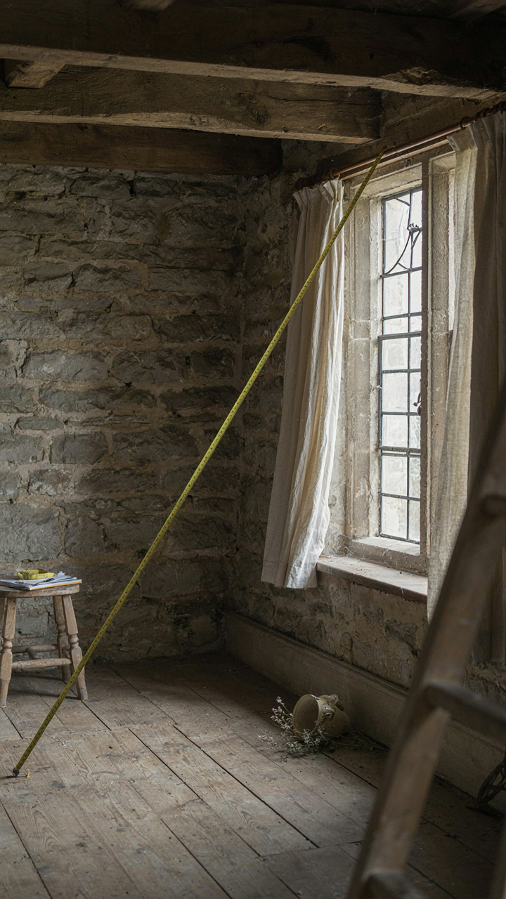 An empty english cottage bedroom with exposed stone walls and timber beams.