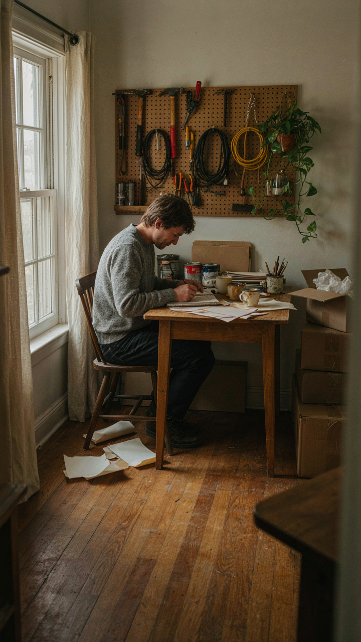 A person works at a desk in a cluttered she shed office.