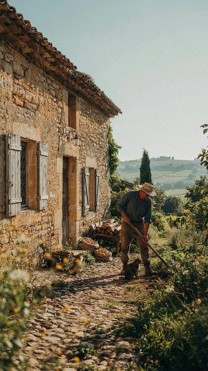 A worn, old French country cottage with small windows, showing its practical origins.