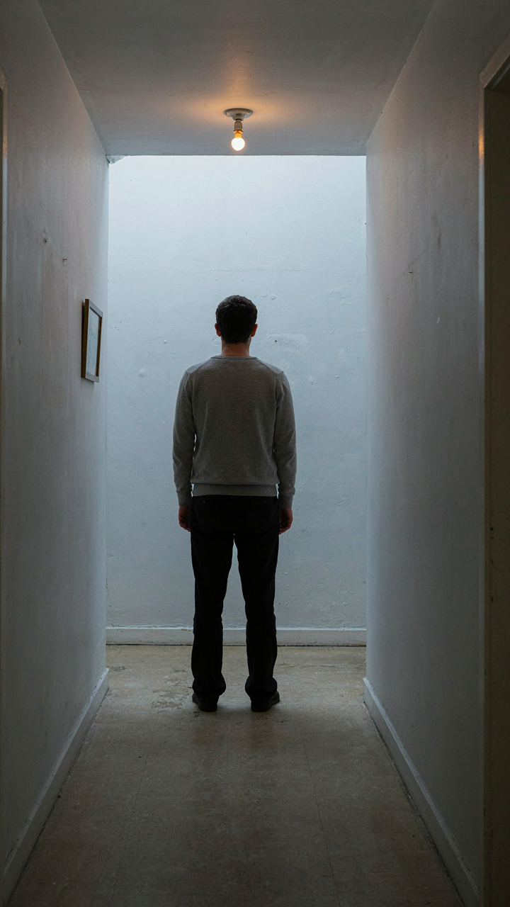 A narrow, poorly lit hallway with a person standing by a cool white wall.