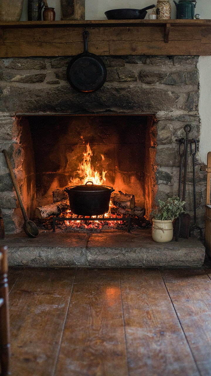 A central fireplace hearth with cooking tools in a colonial farmhouse.