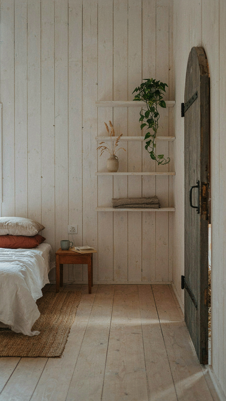 A barn loft bedroom with a bed facing a clear wall and mostly empty floating shelves.