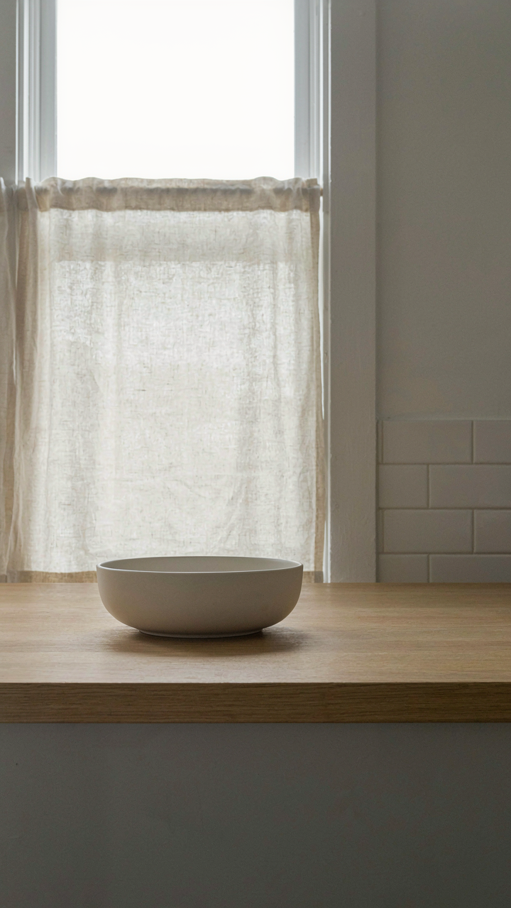 A single clean ceramic bowl sits on an empty wooden kitchen counter.
