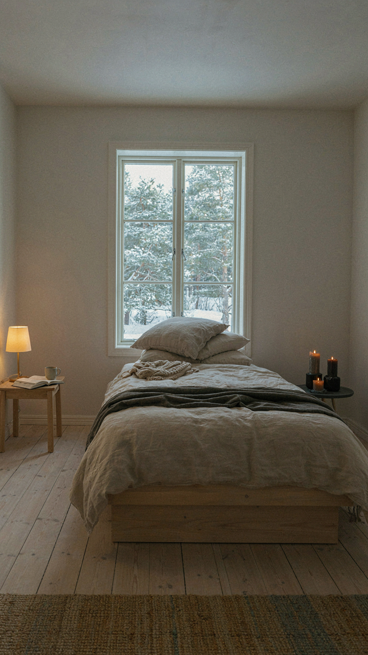 A device-free Scandinavian cabin bedroom with warm lamp light and candles.