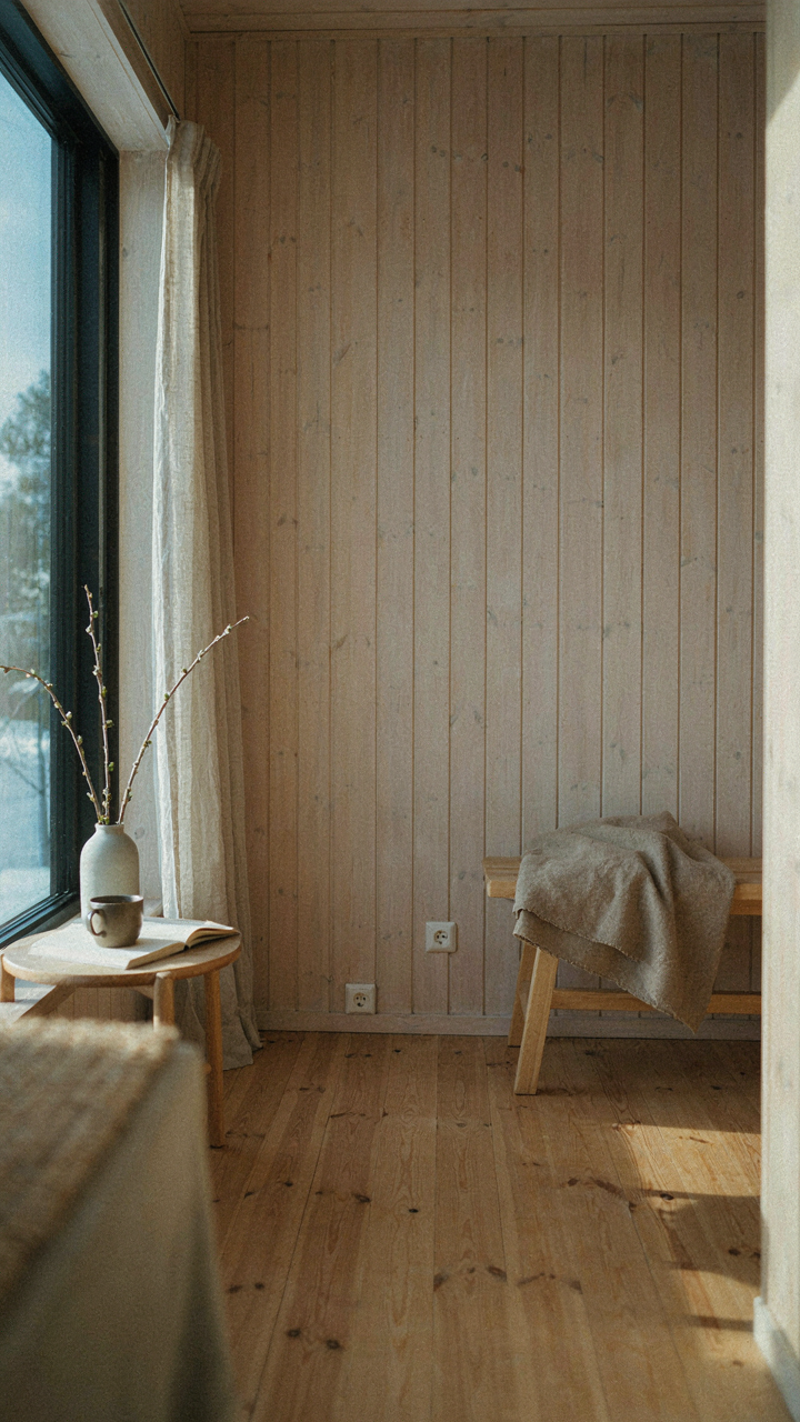 Bright sunlight fills a pale wood Scandinavian cabin interior.