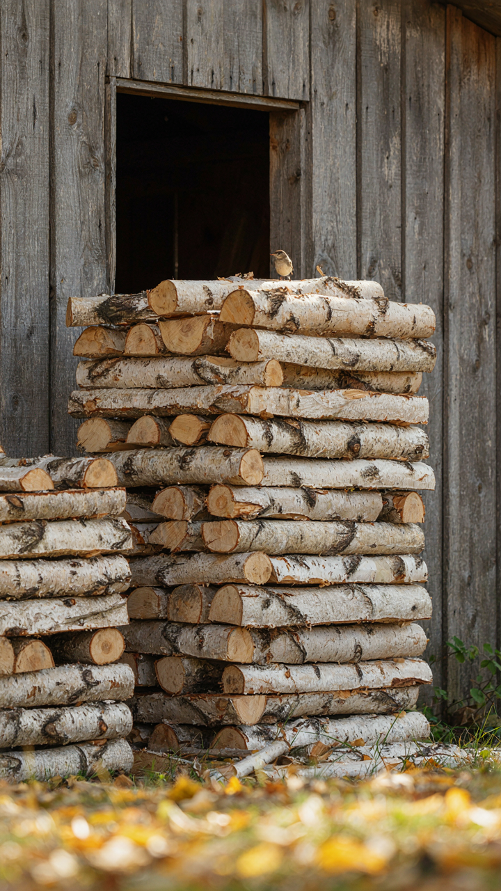 A neatly stacked pile of seasoned birch firewood in a woodshed.