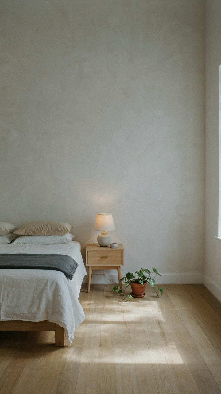 A minimalist bedroom with essential furniture and clear empty wall space.