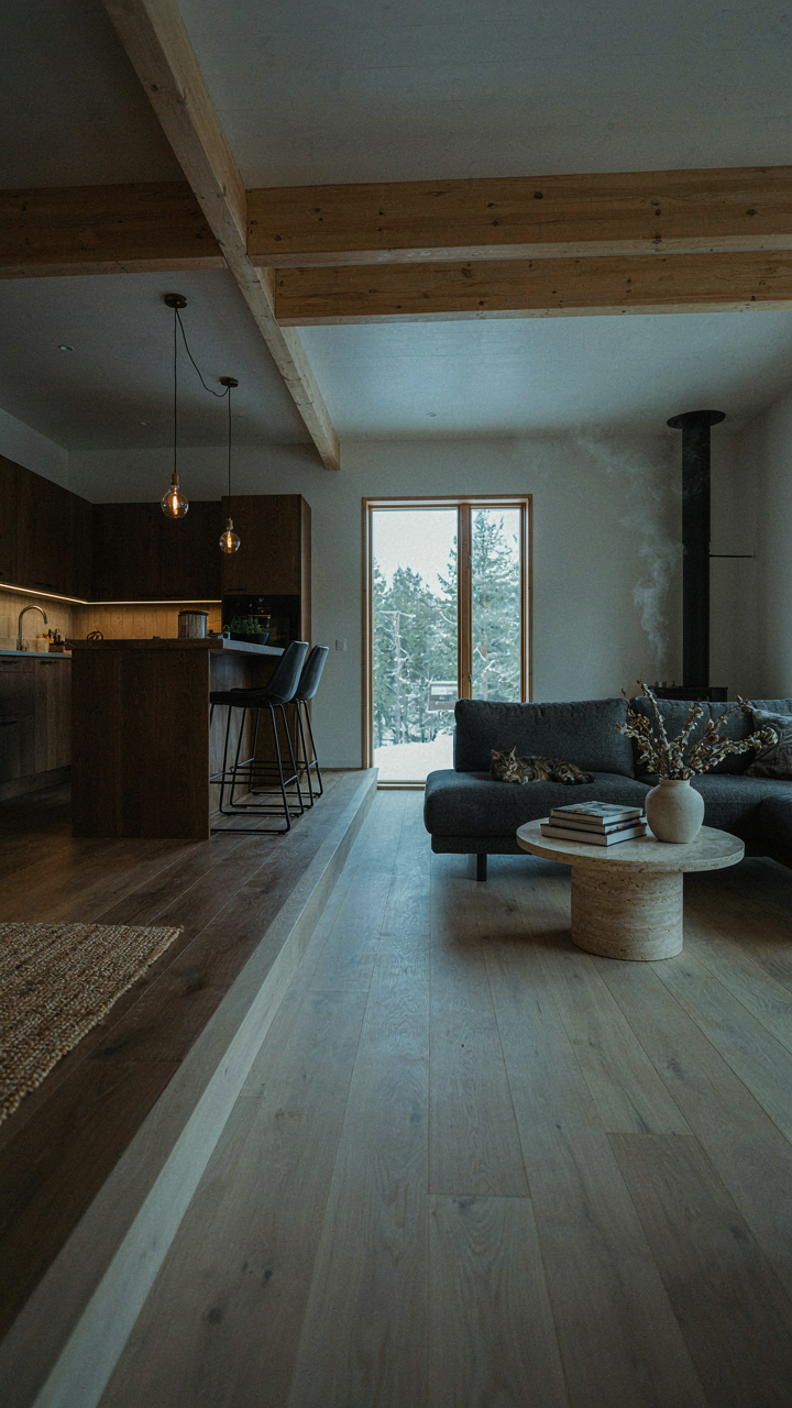 An open cabin interior shows a level change separating kitchen and living.
