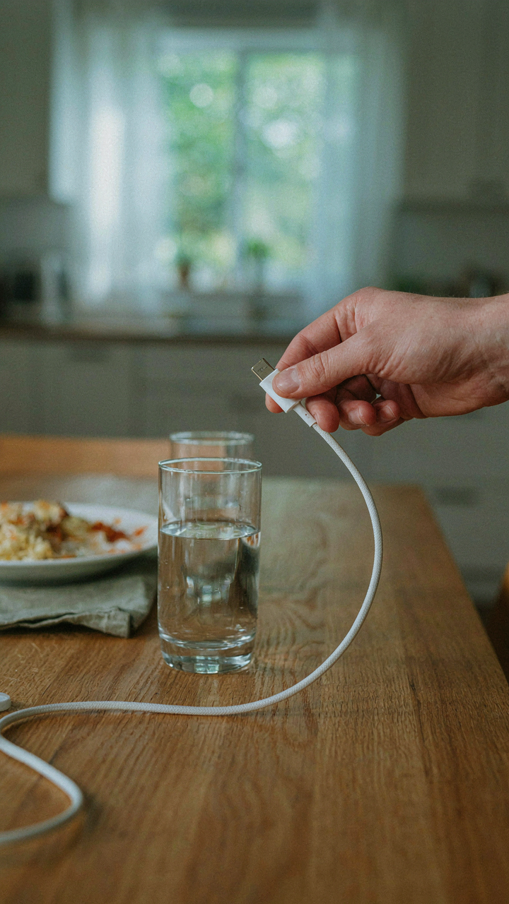 A hand removes a phone charger from a clear dining table.