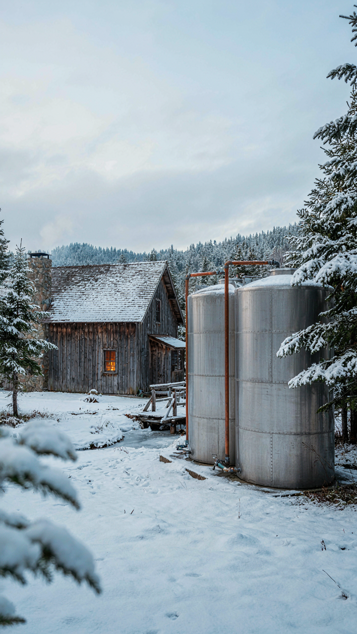 A robust rainwater collection system with large tanks next to a wooden cabin.