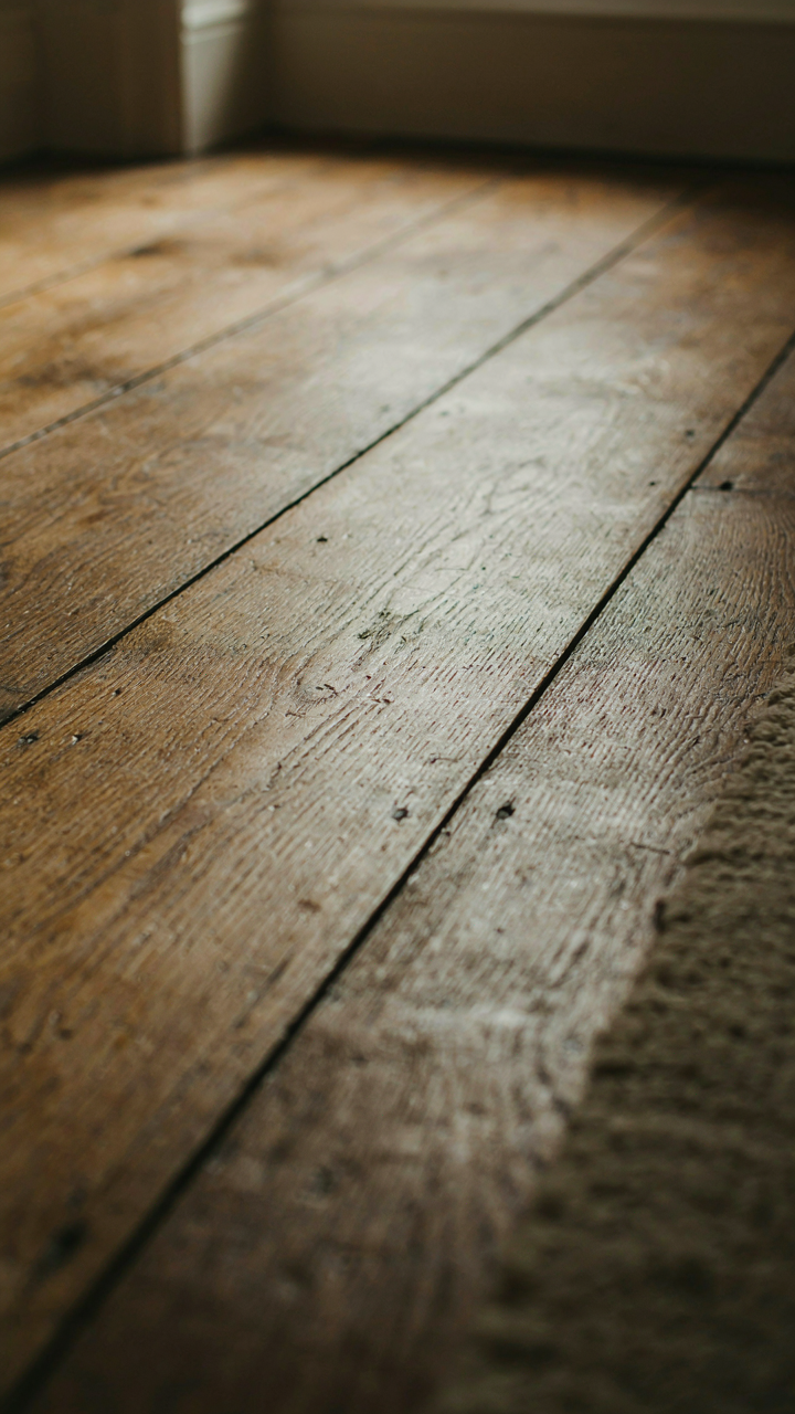 Worn wooden floorboards in an old English country house, showing natural patina.