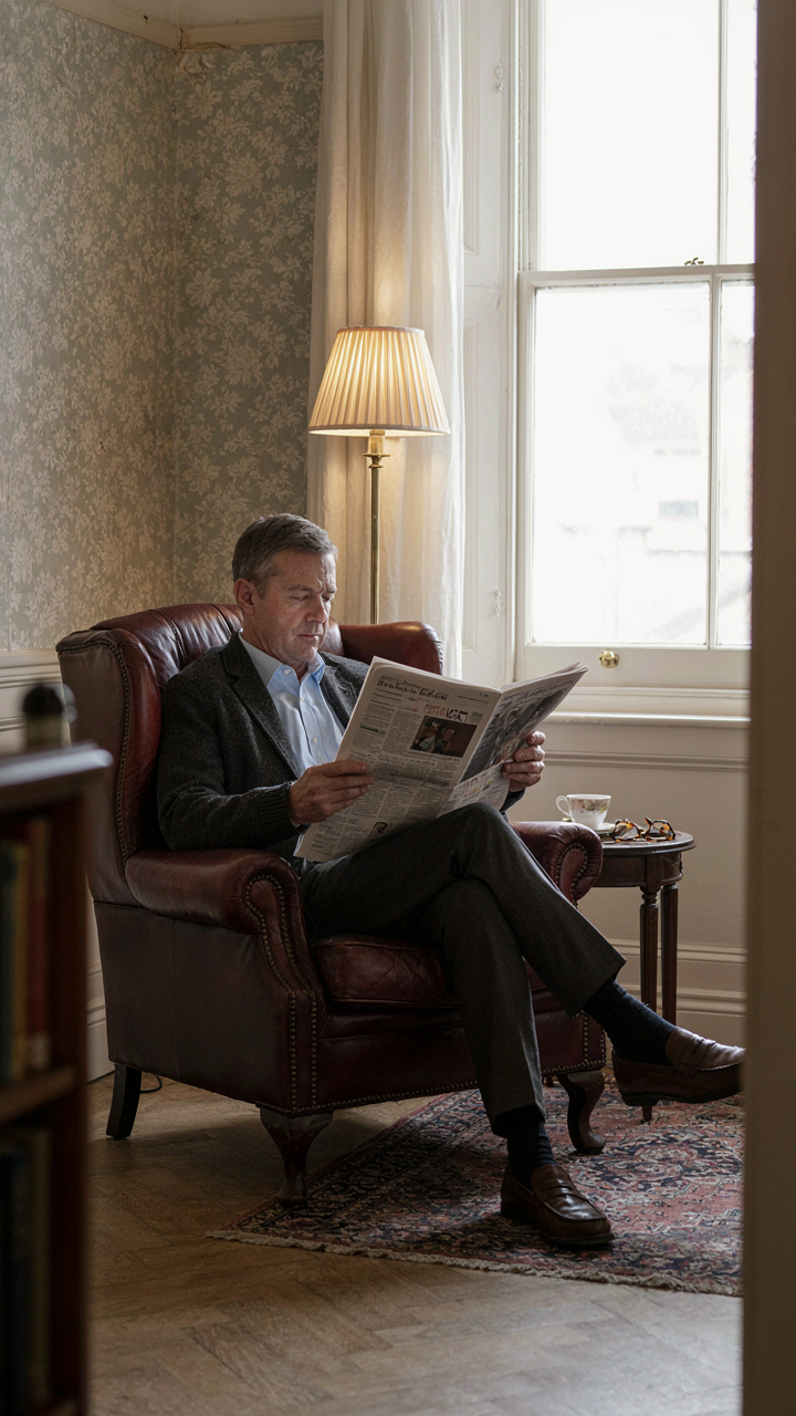 A man reads a newspaper in a leather armchair in a quiet living room corner.
