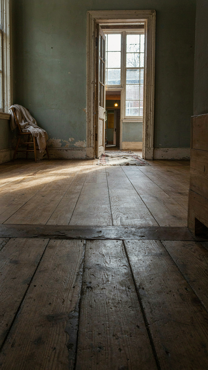 A victorian farmhouse interior with both pristine and worn plank flooring.