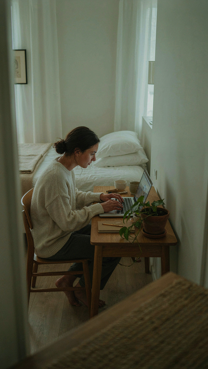 A person deeply focused on work at a desk positioned next to a bed.