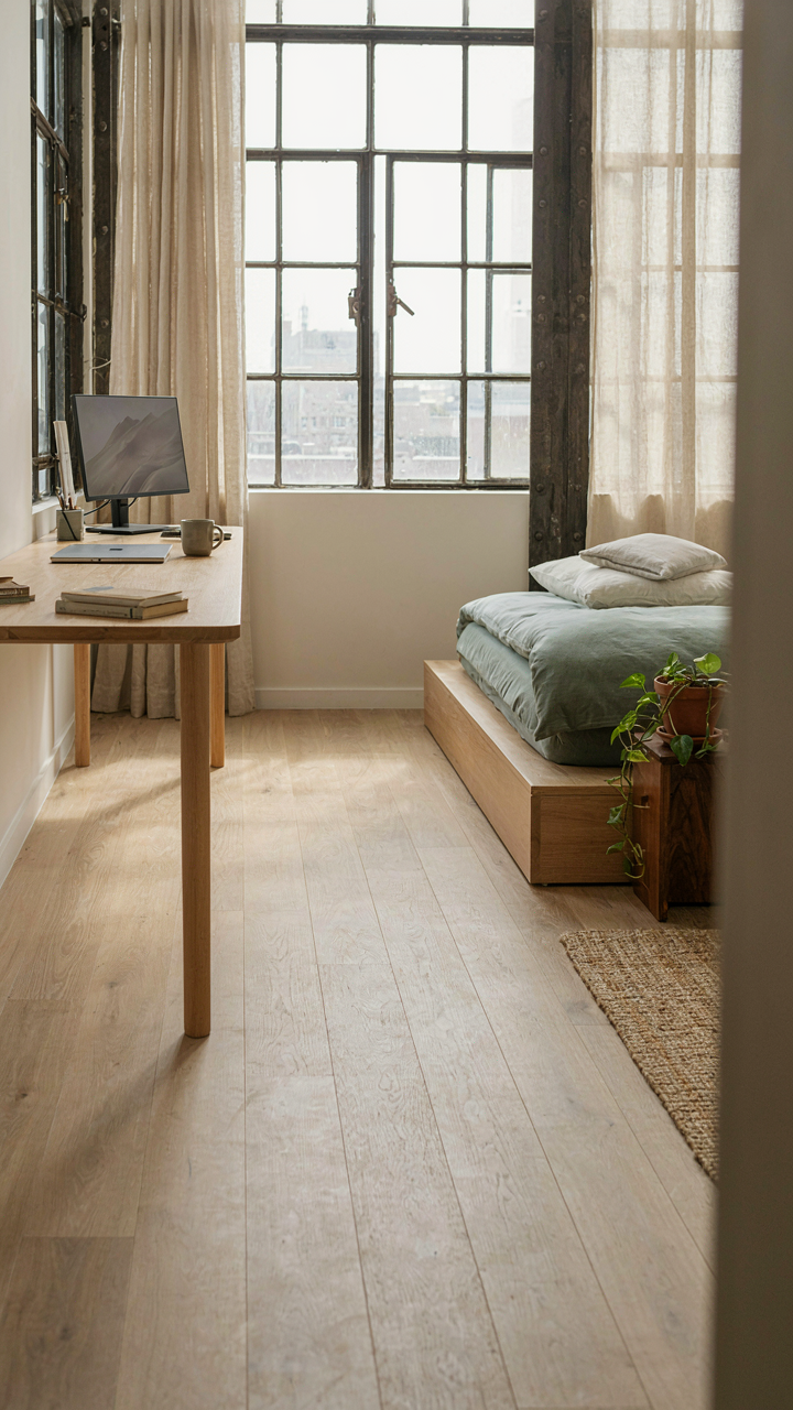 A bright loft with a desk and futon, ready for work or guests.