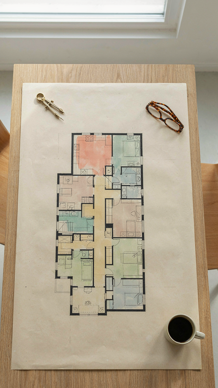 A detailed floor plan diagram showing colored zones for different activities in a one-level barn.