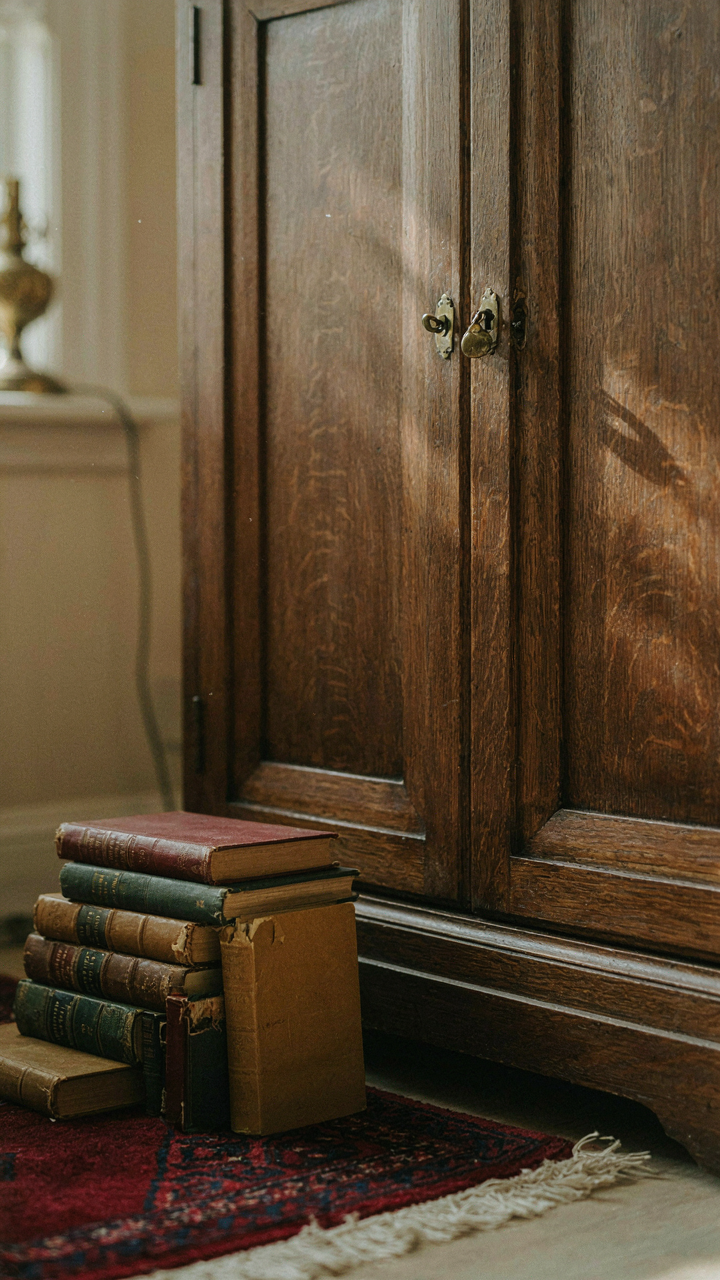 A worn armoire and a stack of well-read books, showing meaningful objects.