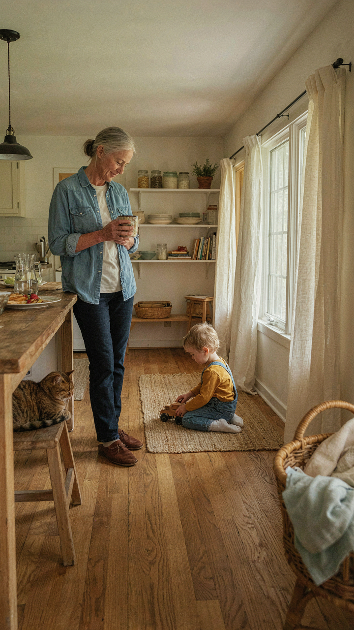 A single-story farmhouse interior with an open floor plan, a grandparent watching a child.