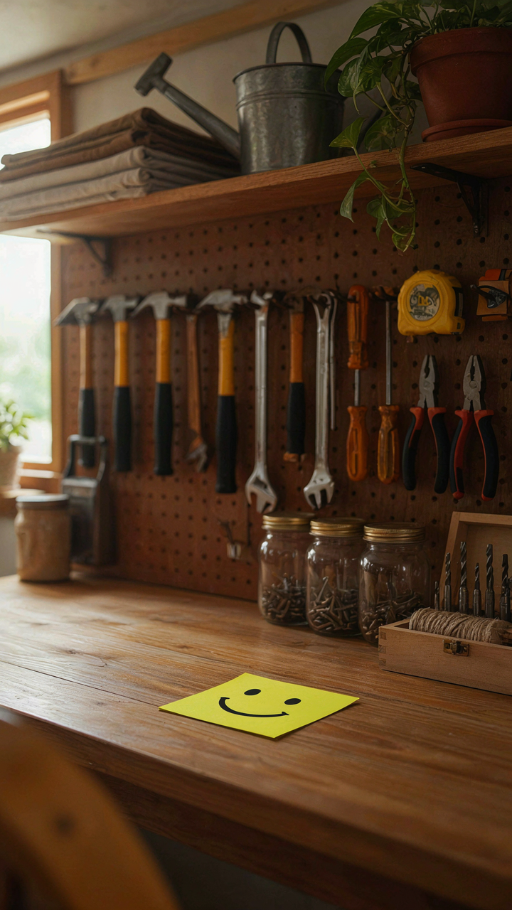 A perfectly organized workbench with tools and jars in a garden shed.