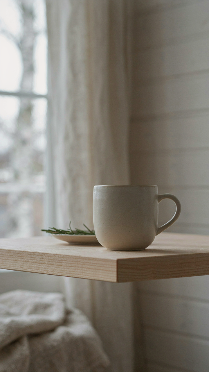An empty wooden shelf holds a single ceramic mug in a nordic cabin.