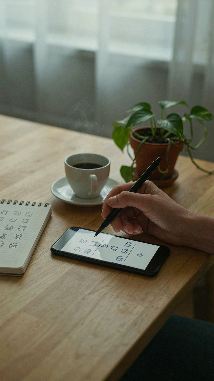 A hand sketches a daily routine in one room on a phone screen.