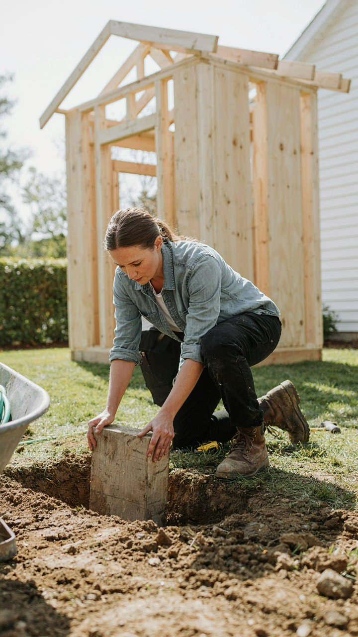 A person confidently laying the first foundation stone for a small she shed.