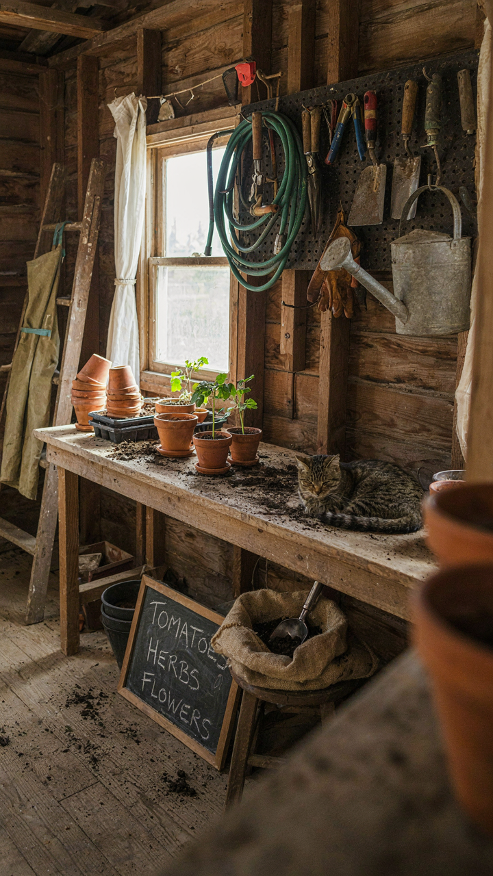 A well-used potting shed interior with soil and active plants shows productivity.