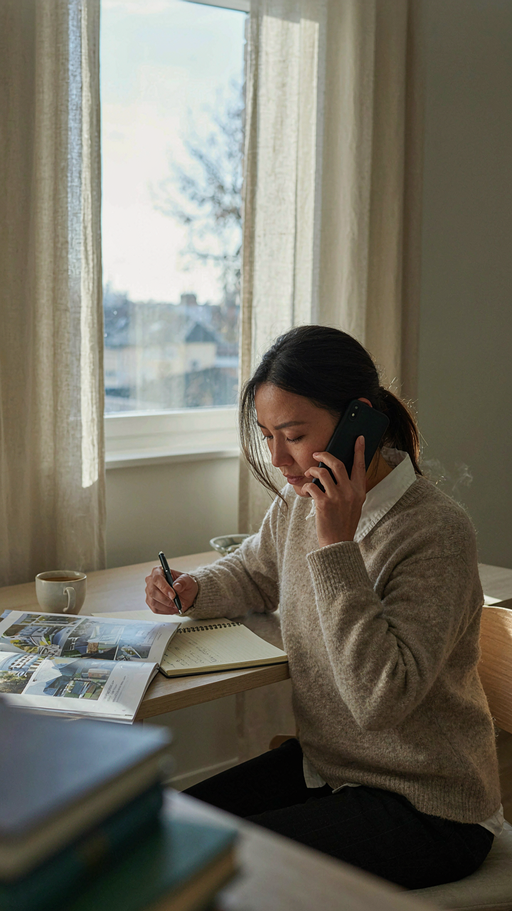 A person makes a phone call while taking notes from a city planning brochure.