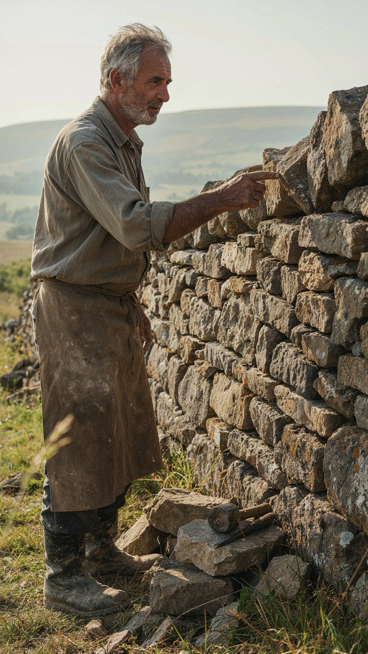 An elderly stonemason points to a newly finished, durable stone wall.