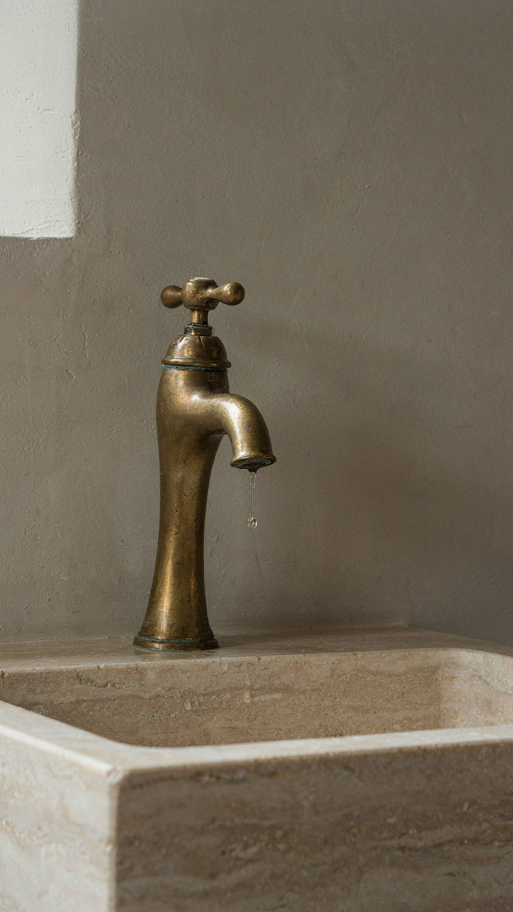 A single antique brass faucet on a functional stone sink, showing design restraint.