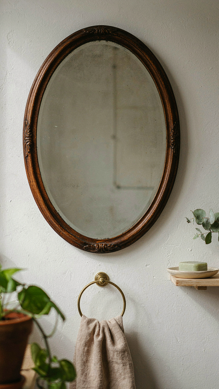 A vintage mirror with a dark wood frame reflecting a simple white wall.
