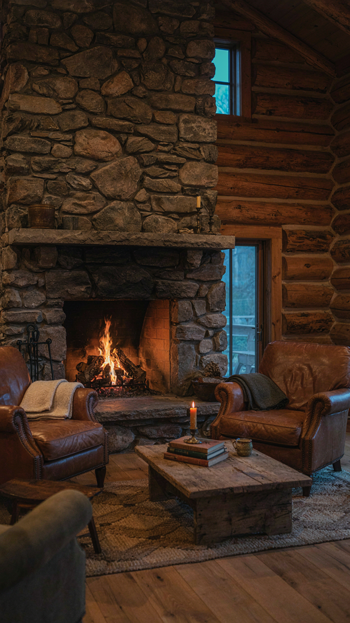 A large stone fireplace with a roaring fire anchors a log cabin living room.