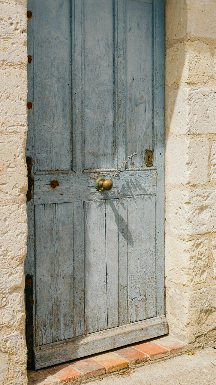 A close-up of a weathered french country front door with uneven, distressed wooden panels.