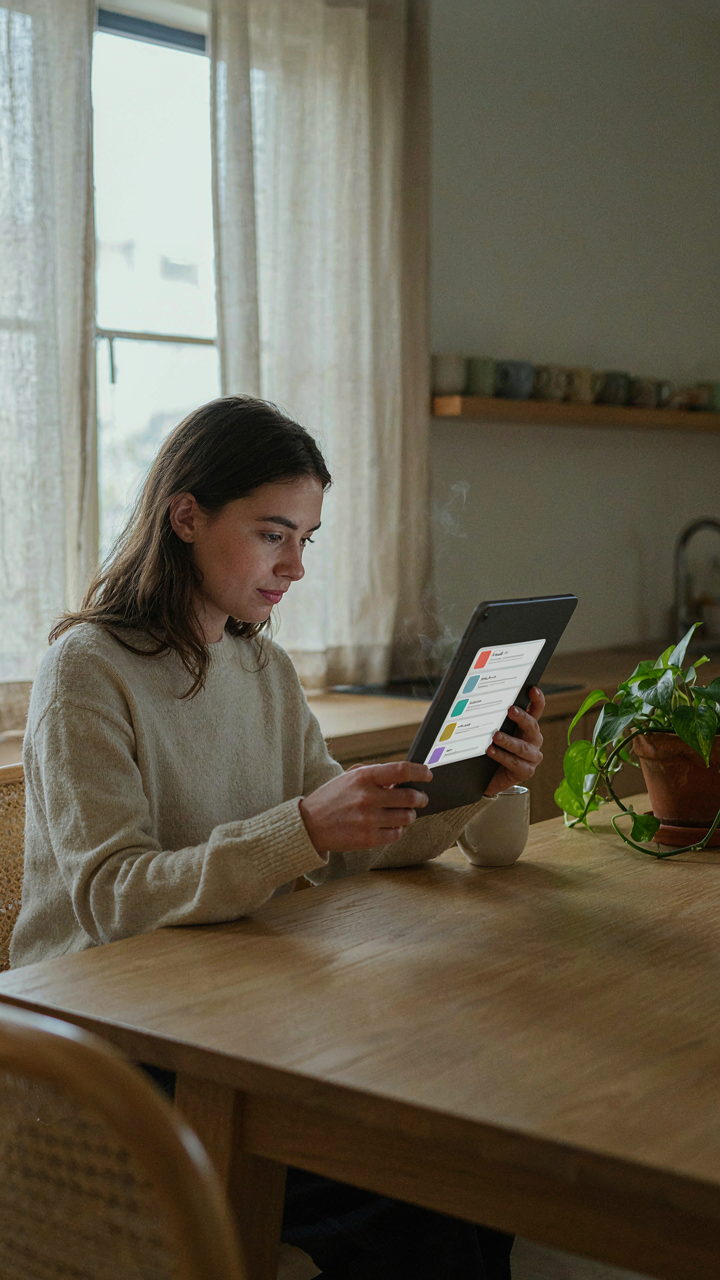 A person looks at a tablet displaying their daily schedule, not a floor plan.