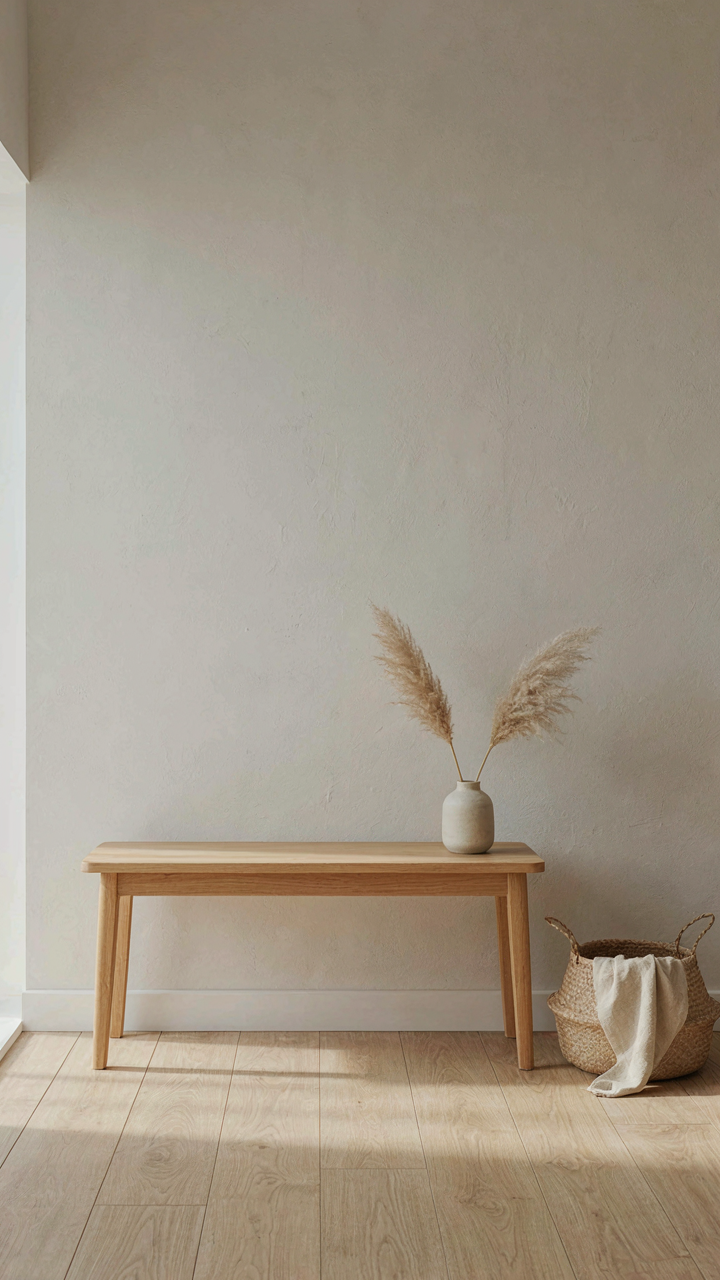 A clean cottage entryway with a dominant wooden bench and a woven basket.