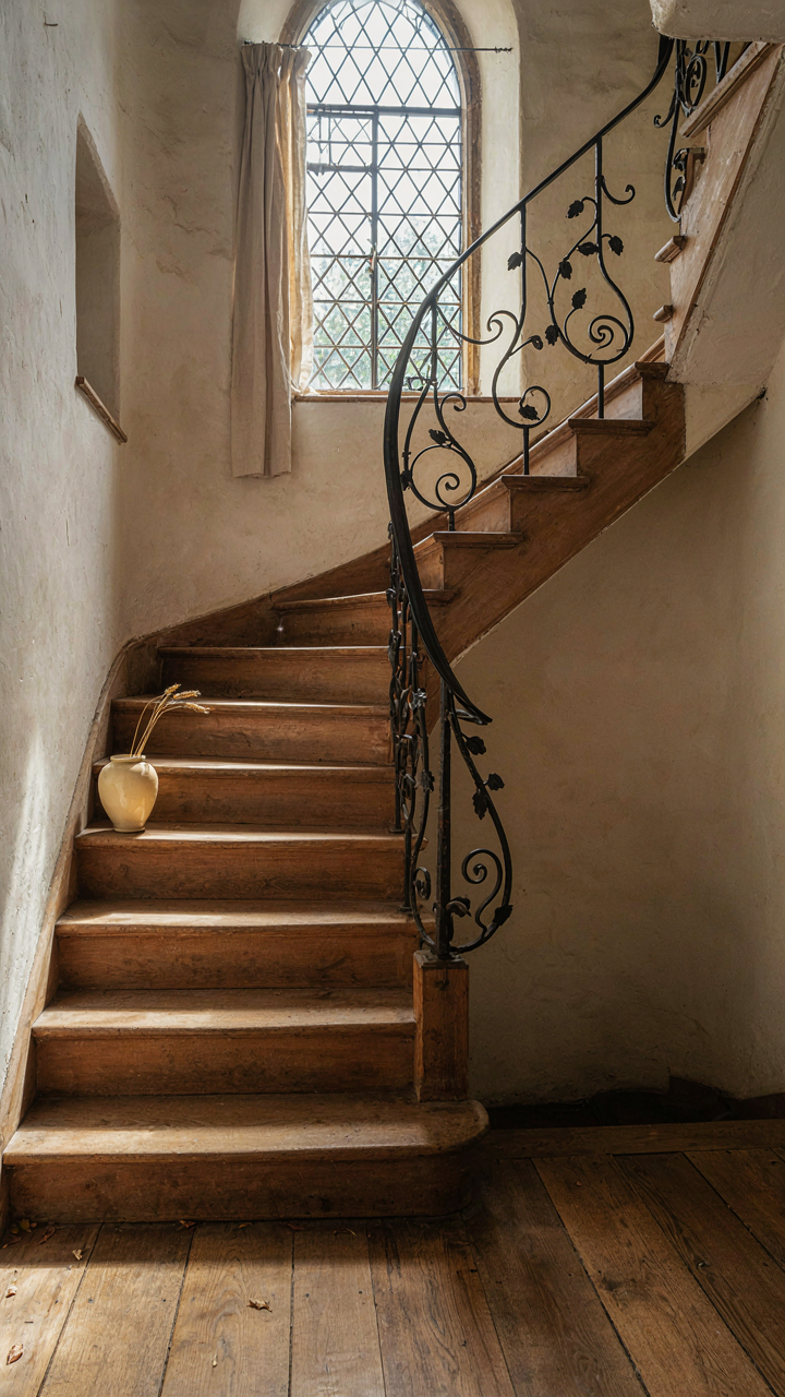 An asymmetrical cottage staircase with varied tread depths and an artistic balustrade.