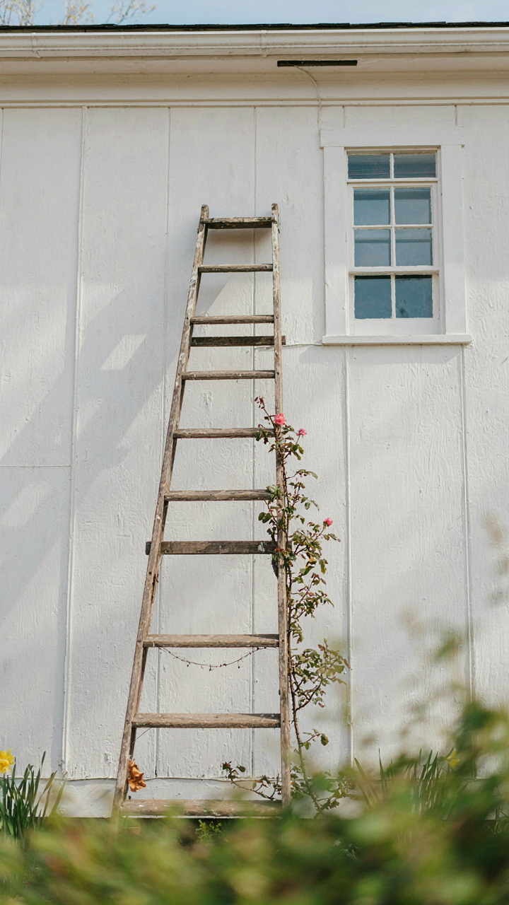 An antique wooden ladder leaning against a crisp, white farmhouse wall.