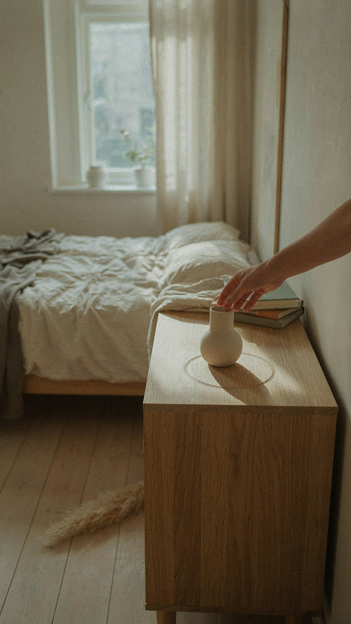 A hand removes a small item from a minimalist scandinavian cottage bedroom.