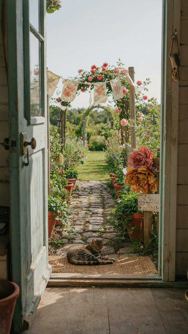 An open she shed door revealing an imaginative garden outside.