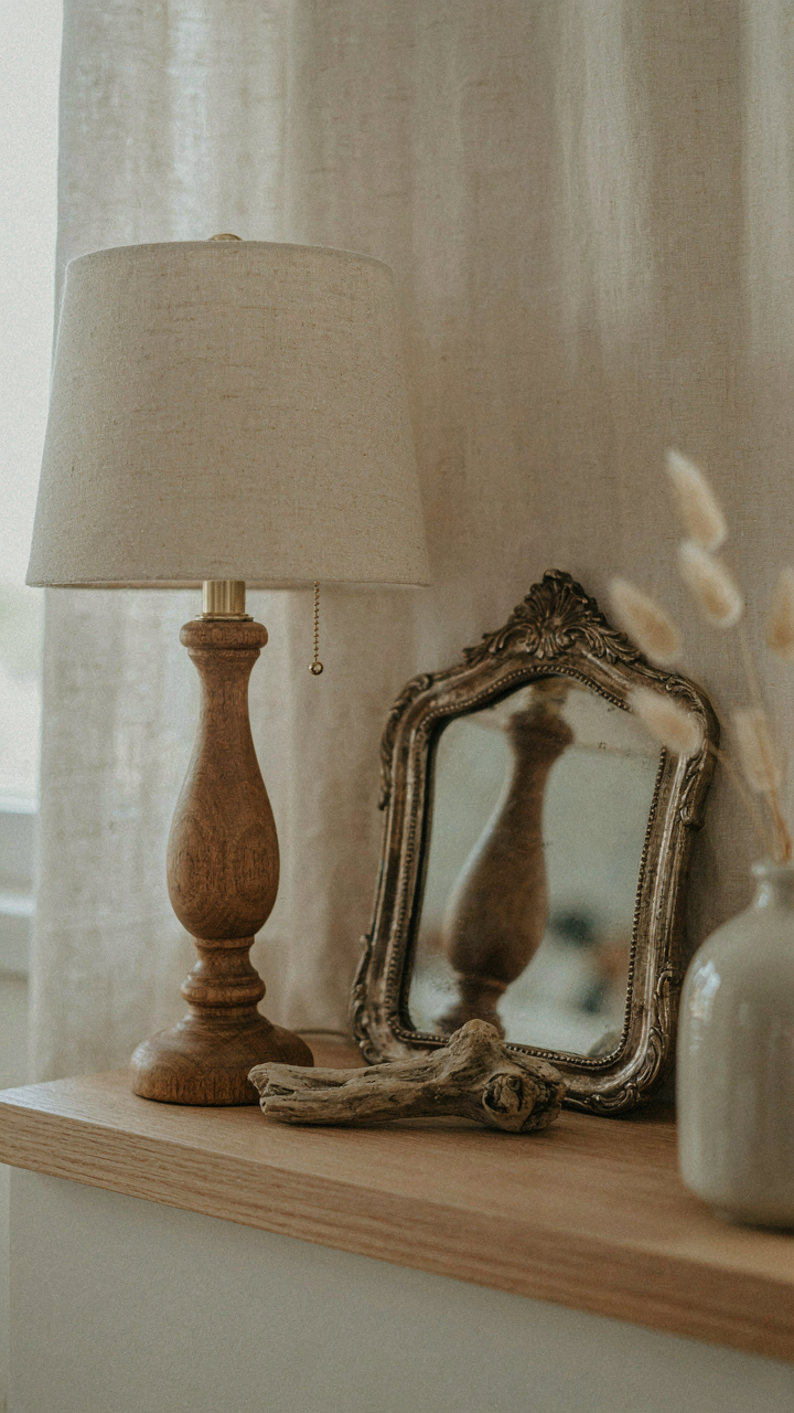 A hand-carved wooden lamp, driftwood, and a vintage mirror on a shelf.