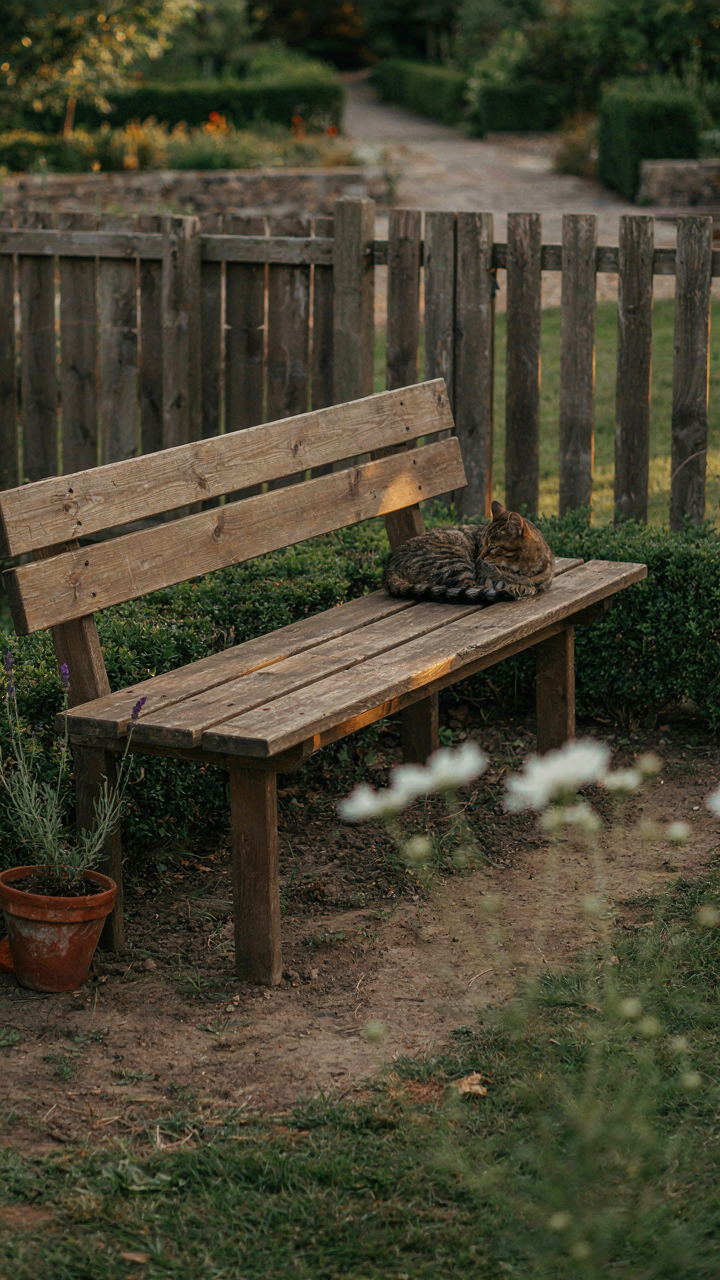 A rustic, handmade wooden garden bench sits in a natural garden.