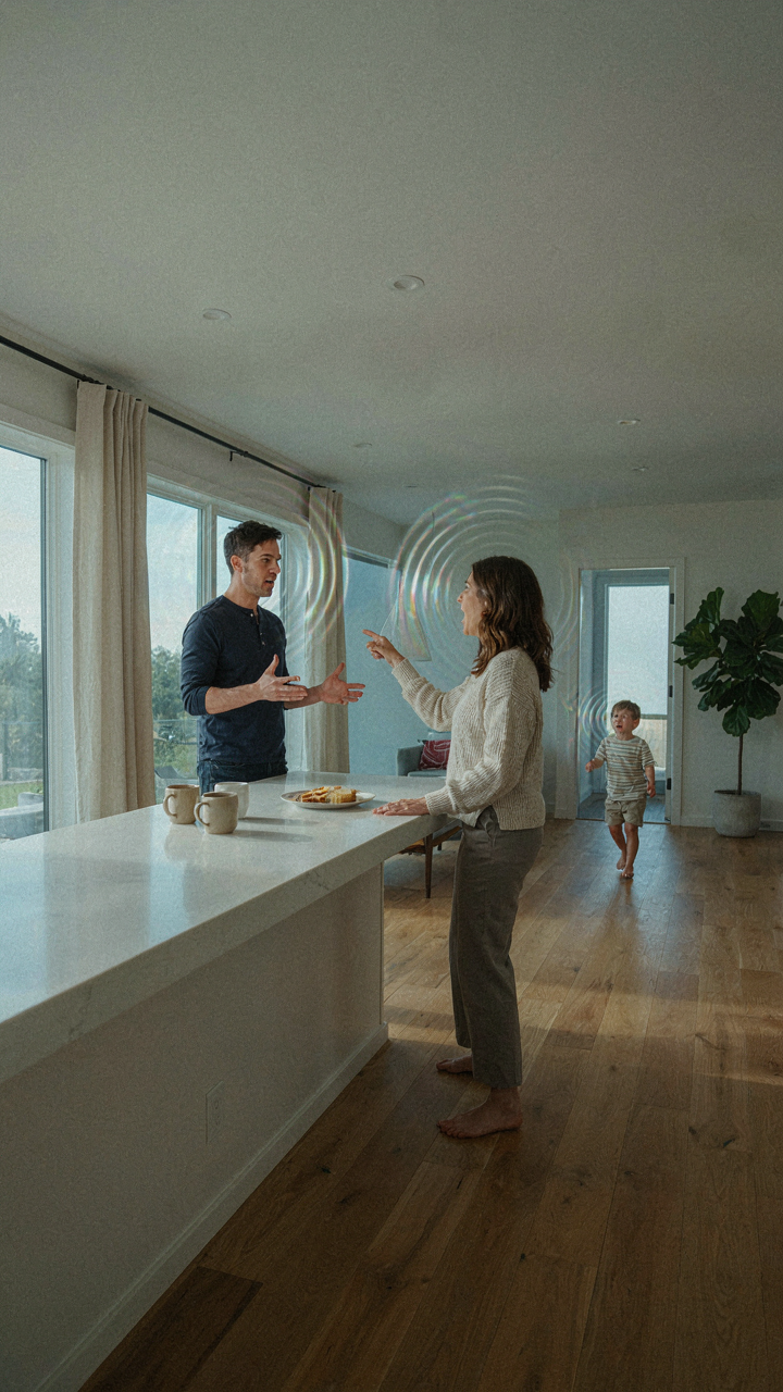 A family arguing in a noisy, open-concept ranch home kitchen and living area.