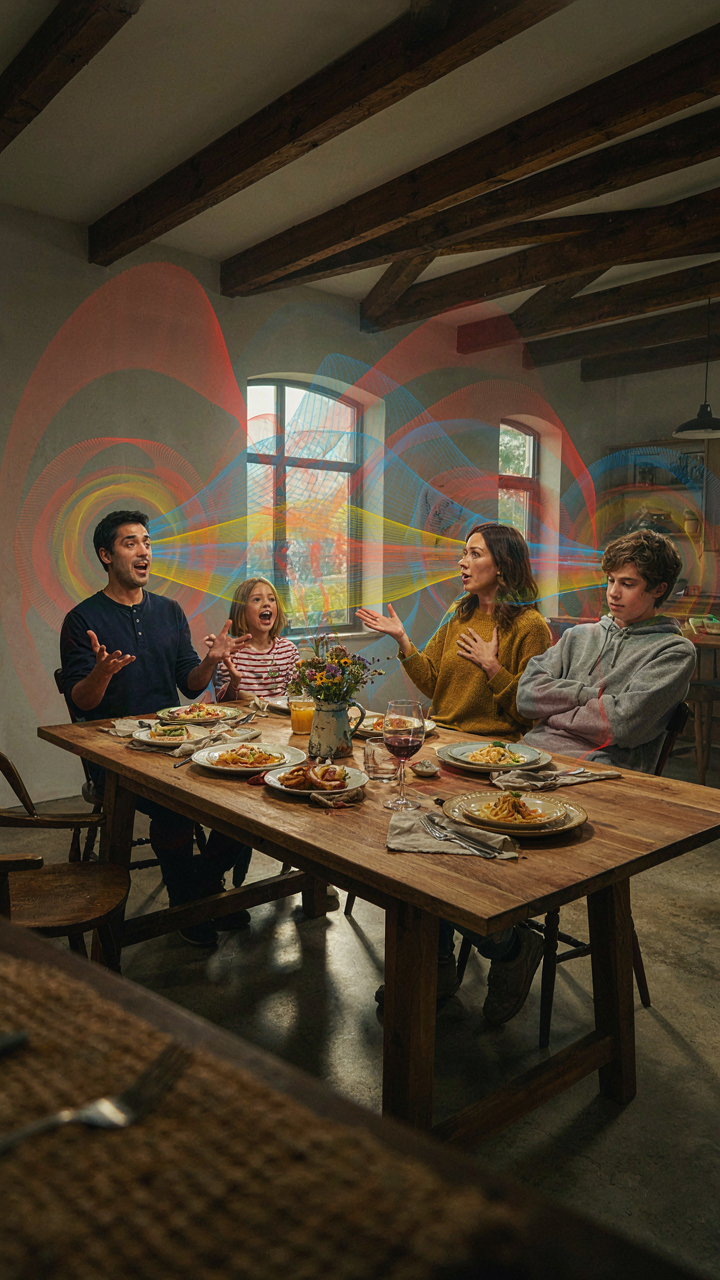 A family dinner in an open room where sound waves show noise bouncing off hard surfaces.