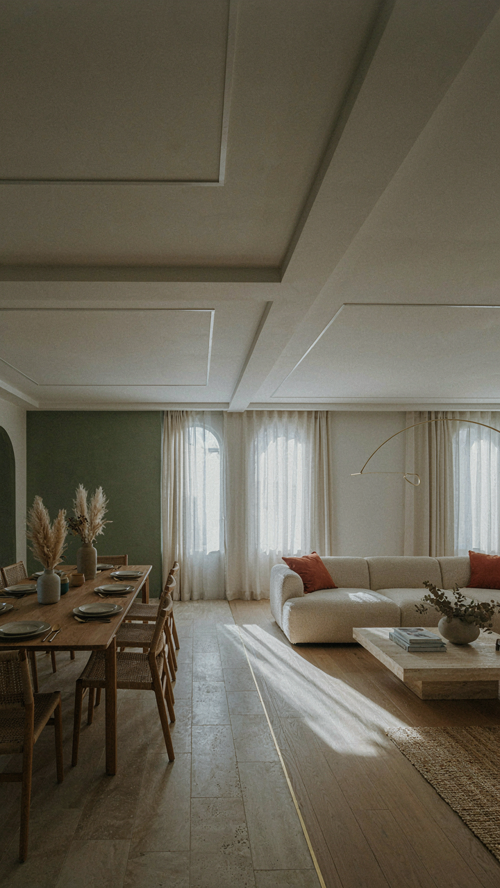 A dining area with a lower ceiling and different flooring, subtly separated.