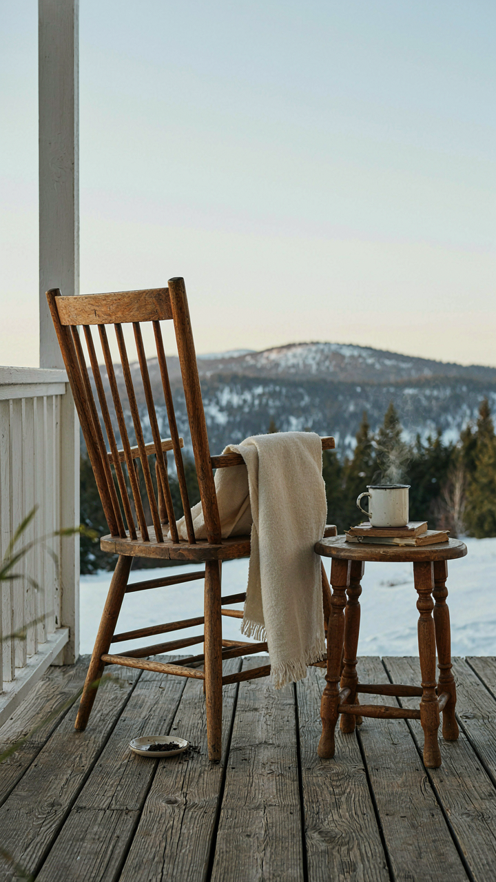 A rustic chair and small table on a cabin porch, set up for morning coffee with a view.