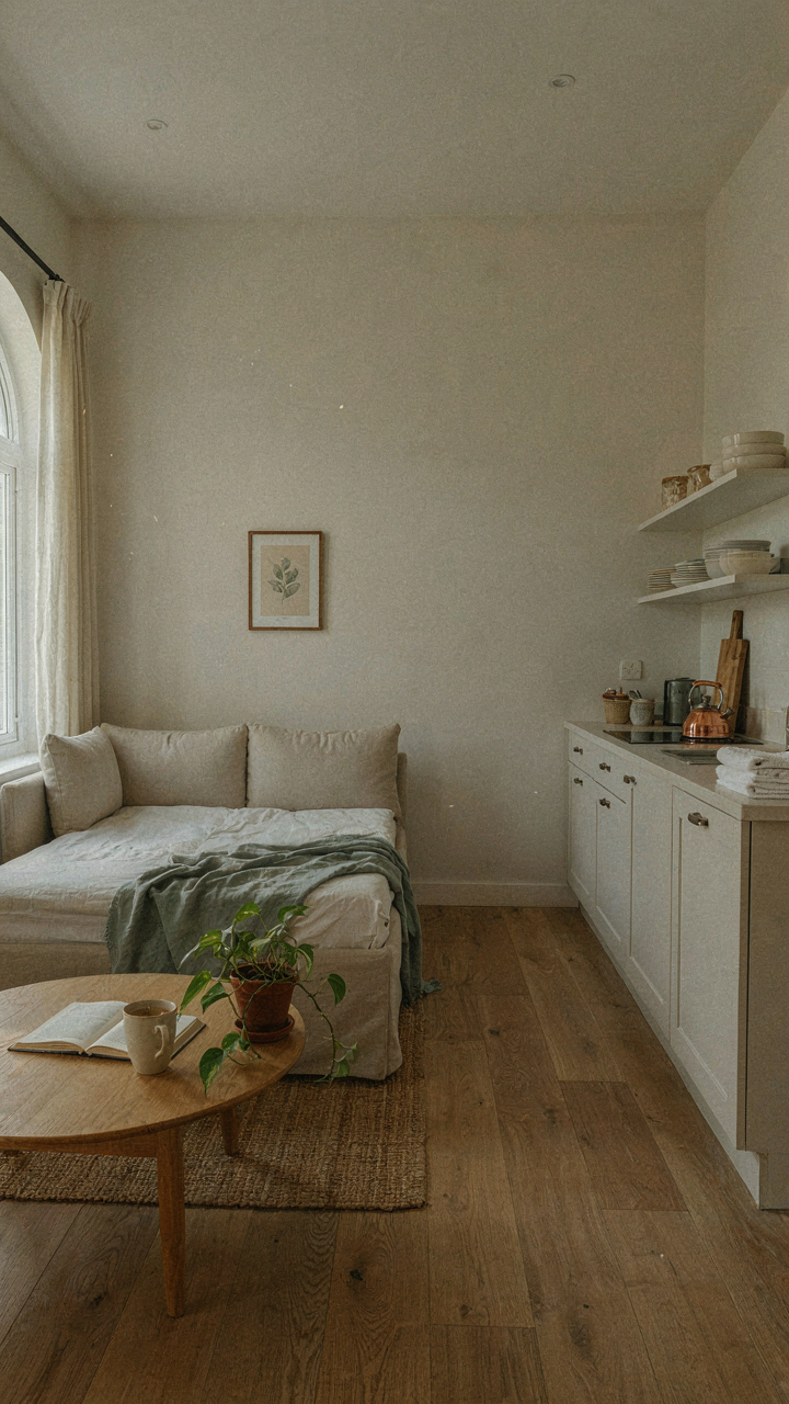 Versatile interior of a cottage guest house with convertible furniture.