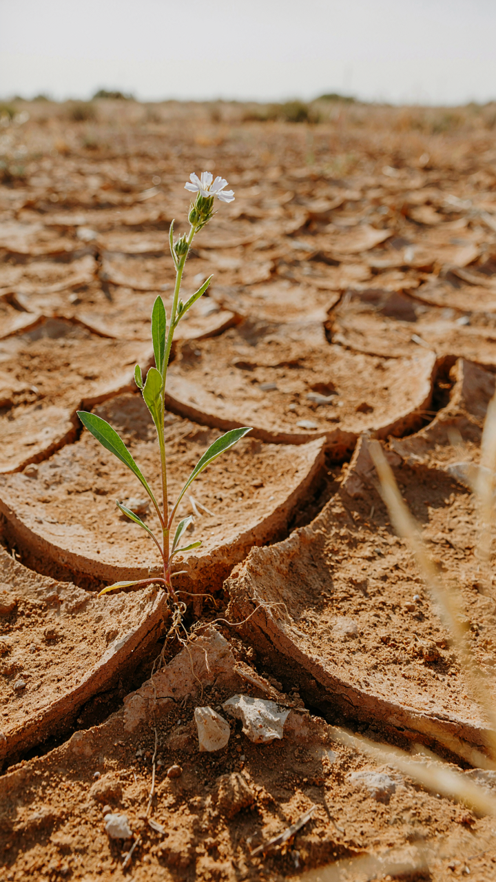 A single plant growing from a crack in dry, parched earth.