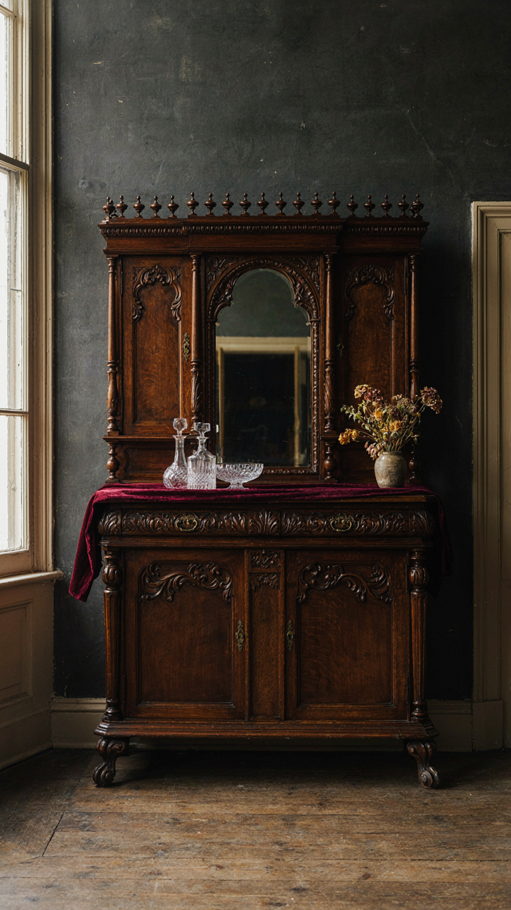A grand, carved Victorian sideboard stands prominently against a simple, dark wall.