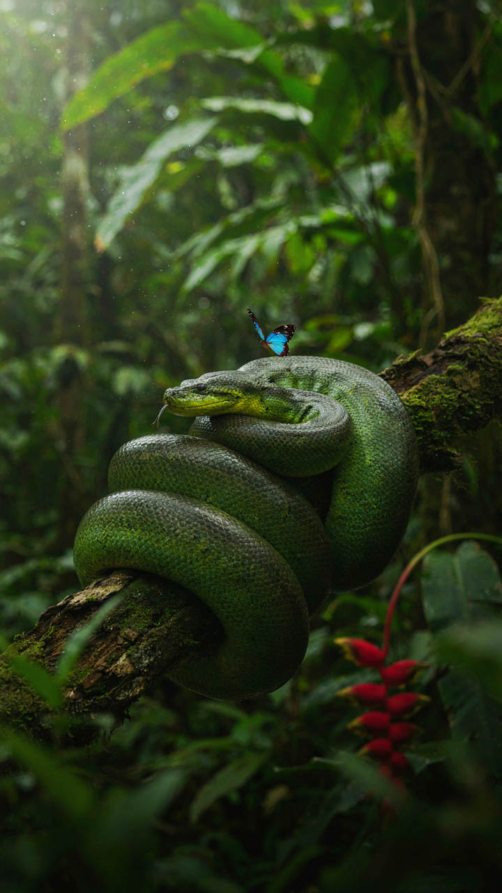 A vibrant green anaconda coiled tightly, illustrating efficiency in nature.